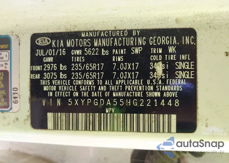 2017 Kia Sorento 3.3L Lx из США, поврежденный, VIN 5XYPGDA55HG221448